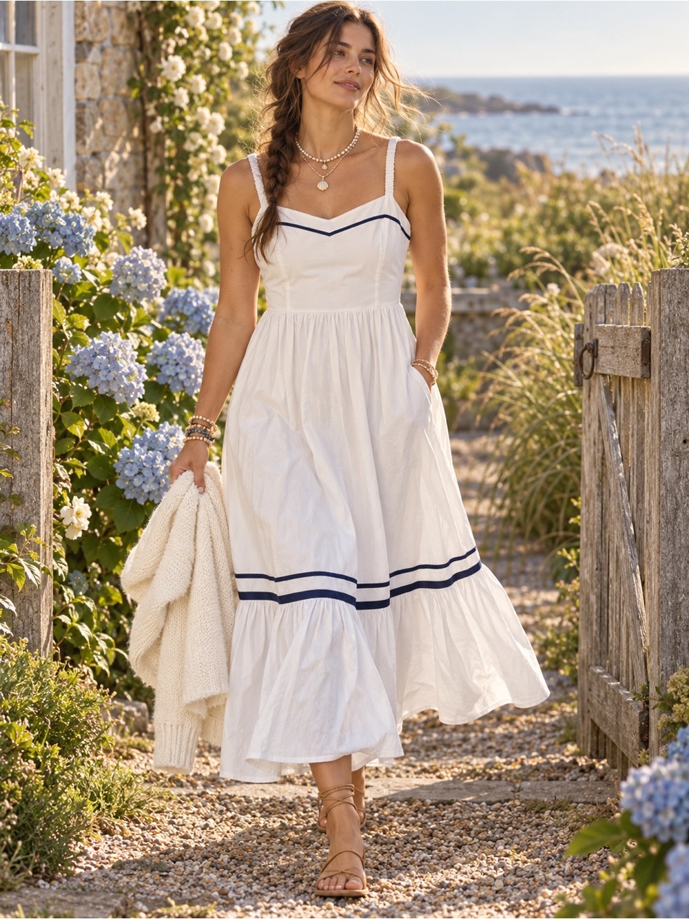 NWT J.Crew Factory Cotton Poplin Maxi Dress Size 8 White Navy